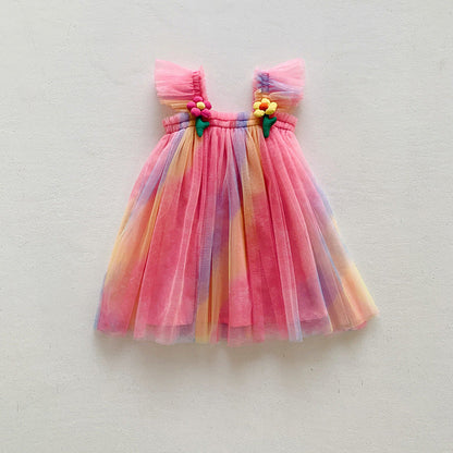 Summer Baby Kids Girls Fly Sleeves Flowers Pattern Gradient Tulle Strap Dress