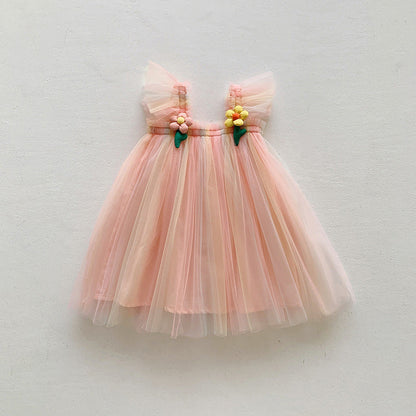 Summer Baby Kids Girls Fly Sleeves Flowers Pattern Gradient Tulle Strap Dress
