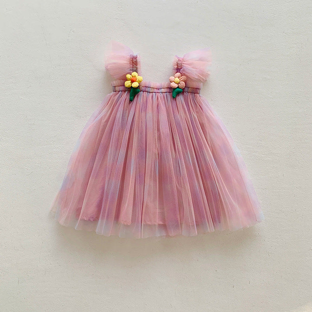 Summer Baby Kids Girls Fly Sleeves Flowers Pattern Gradient Tulle Strap Dress