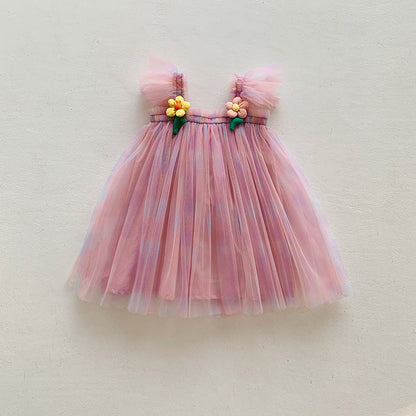 Summer Baby Kids Girls Fly Sleeves Flowers Pattern Gradient Tulle Strap Dress