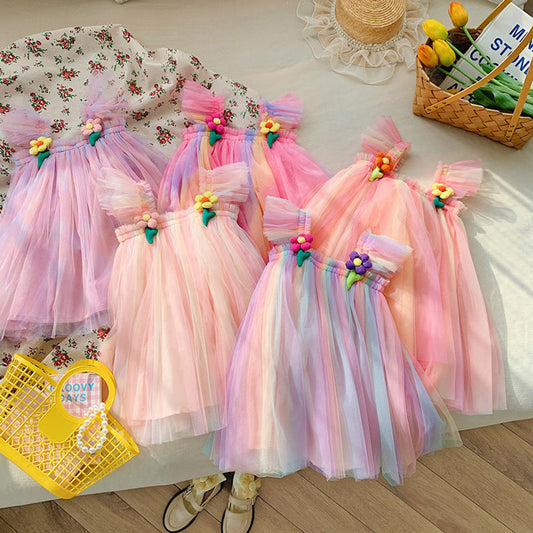 MyKids-USA® Baby Kids Girls Fly Sleeves Flowers Pattern Gradient Tulle Strap Dress