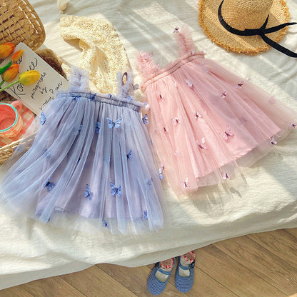 Summer Baby Kids Girls Sleeveless Butterfly Pattern Tulle Strap Dress