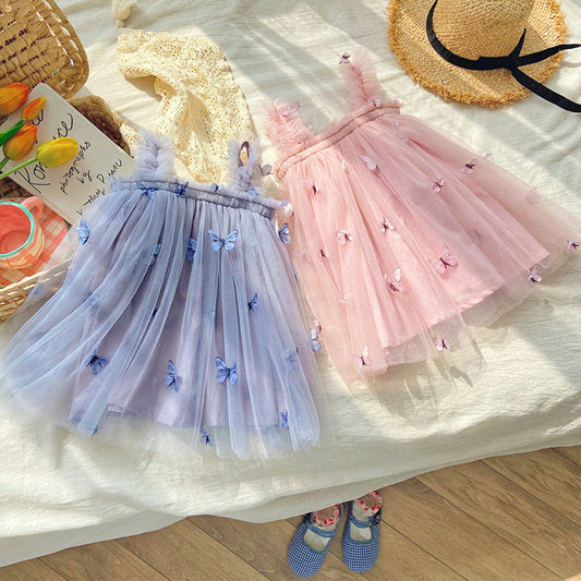 MyKids-USA® Baby Kids Girls Sleeveless Butterfly Pattern Tulle Strap Dress