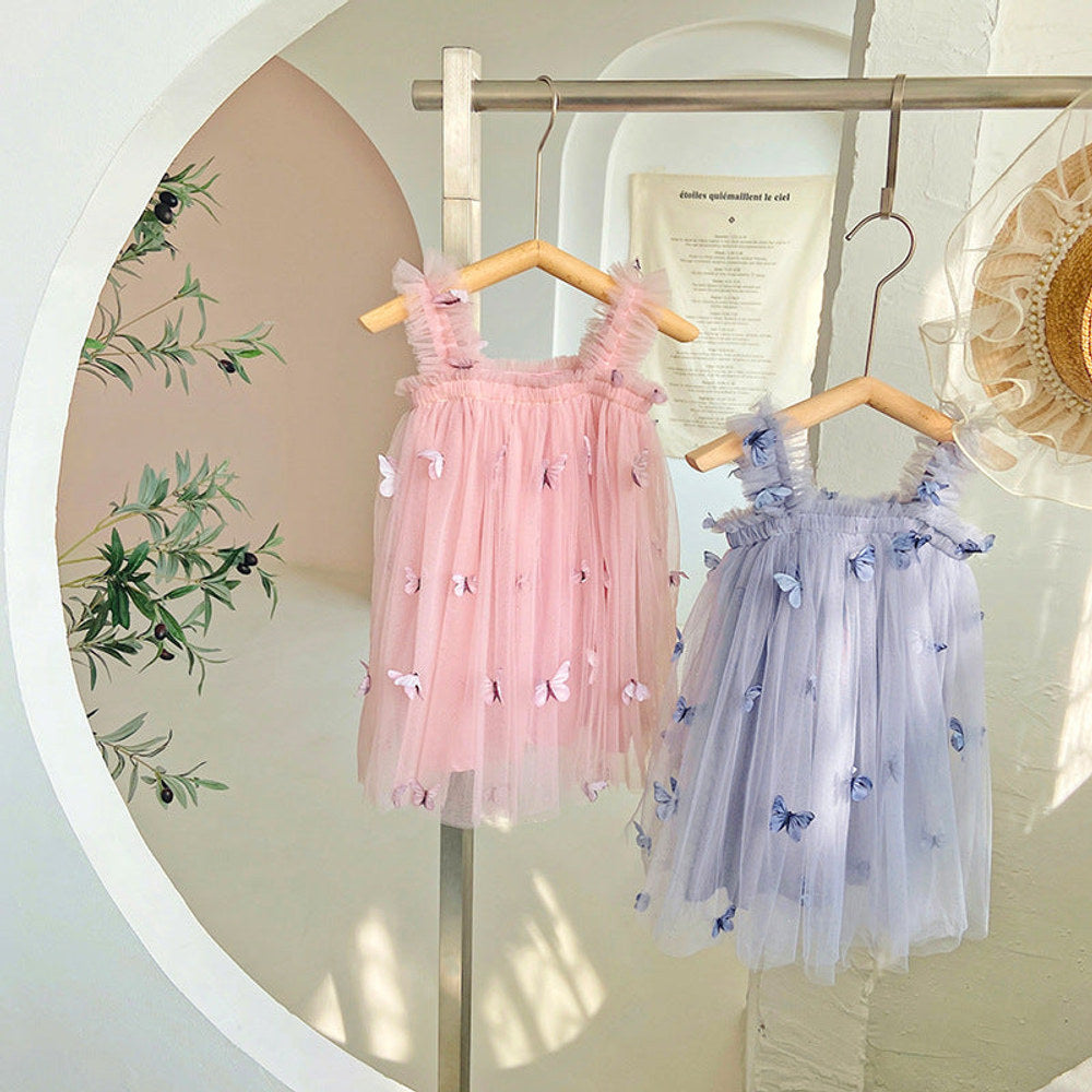 Summer Baby Kids Girls Sleeveless Butterfly Pattern Tulle Strap Dress