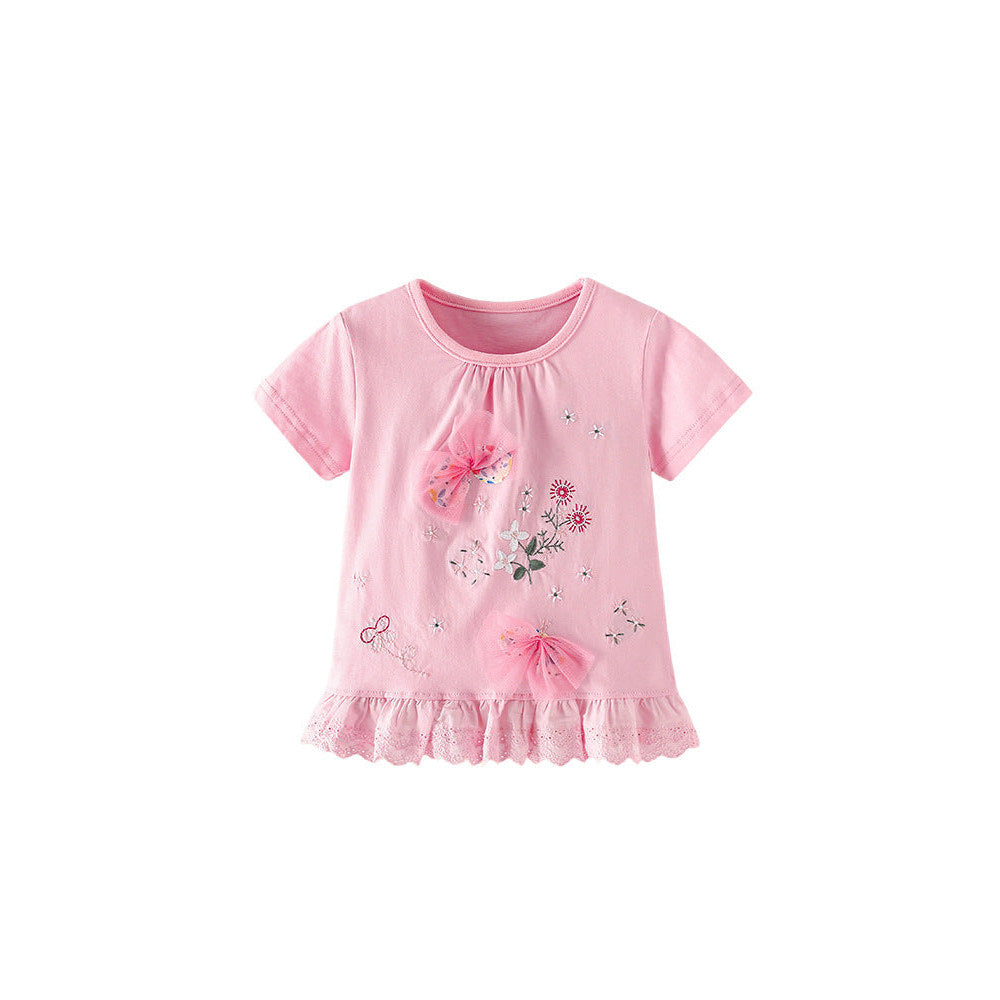 Summer Girls’ Flowers Pattern T-shirt in European and American Style