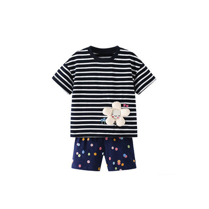 MyKids-USA® Arrival Summer Baby Kids Girls Short Sleeves Cartoon Pattern Striped T-shirt and Shorts Clothing Set