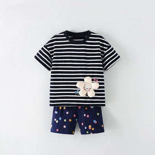 MyKids-USA® Baby Kids Girls Short Sleeves Cartoon Pattern Striped T-shirt and Shorts Clothing Set