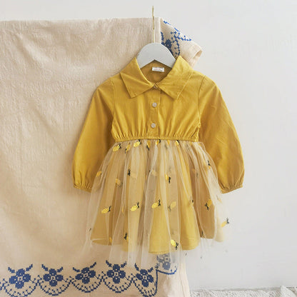MyKids-USA® Autumn Baby Kids Girls Long Sleeves Fruits Pattern Tulle Patchwork Dress