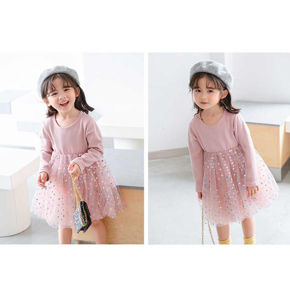 MyKids-USA® Winter Baby Kids Girls Long Sleeves Dots Pattern Tulle Patchwork Dress