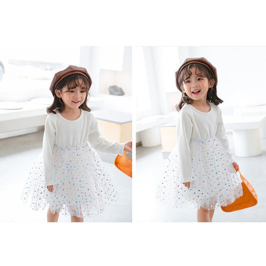 MyKids-USA® Baby Kids Girls Long Sleeves Dots Pattern Tulle Patchwork Dress
