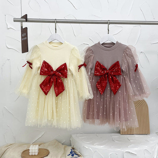 MyKids-USA® Baby Kids Girls Long Sleeves Dots Pattern Tulle Patchwork Dress
