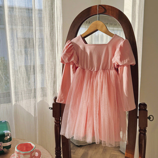 MyKids-USA® Baby Kids Girls Long Sleeves Solid Color Tulle Patchwork Dress