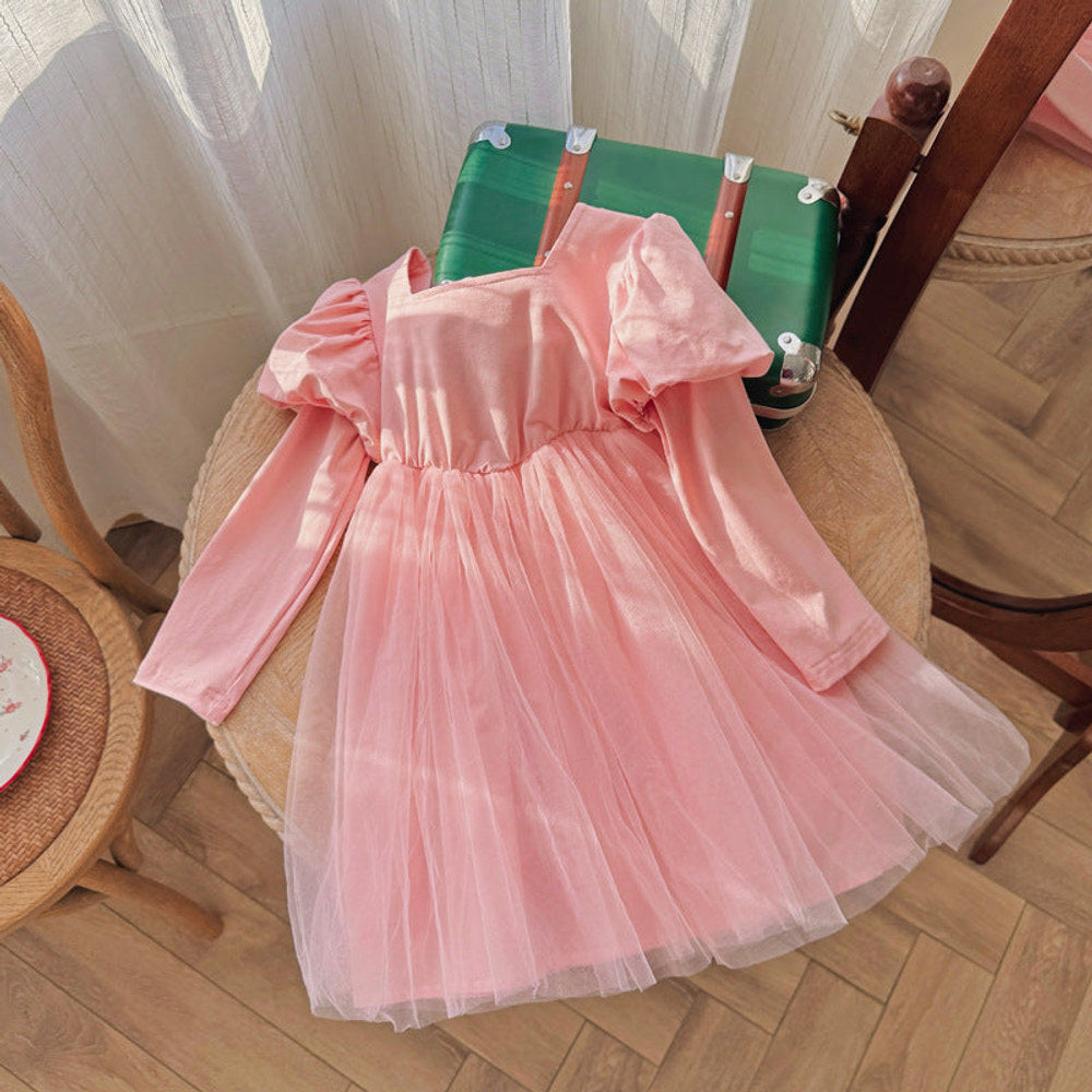 MyKids-USA® Autumn Baby Kids Girls Long Sleeves Solid Color Tulle Patchwork Dress