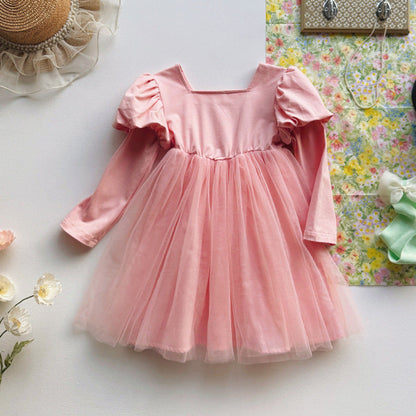 MyKids-USA® Autumn Baby Kids Girls Long Sleeves Solid Color Tulle Patchwork Dress