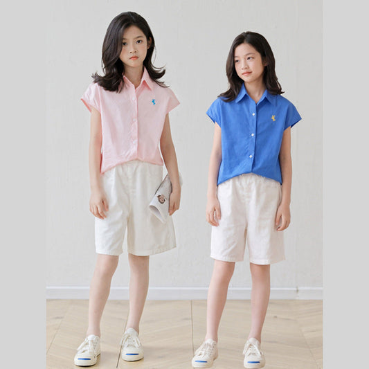 MyKids-USA® Baby Kids Girls Short Sleeves Embroidered Shirt and Beige Shorts