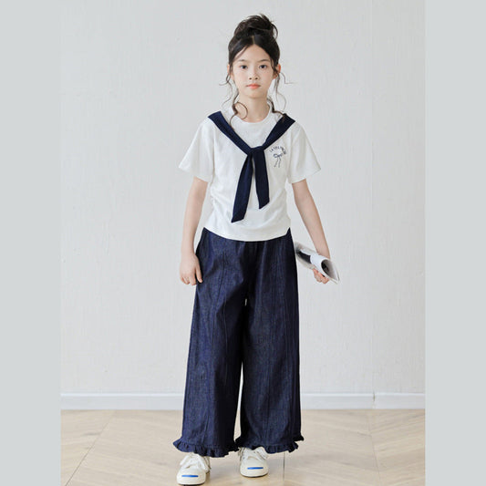 MyKids-USA® Girls’ Letters Pattern Navy T-shirt in European and American Style