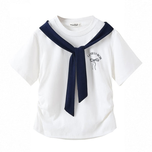 MyKids-USA® Girls’ Letters Pattern Navy T-shirt in European and American Style