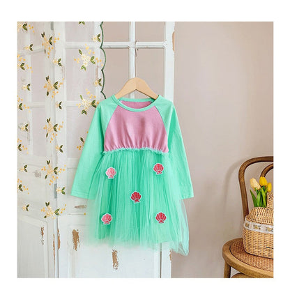 MyKids-USA® Autumn Baby Kids Girls Long Sleeves Color Patchwork Tulle Patchwork Dress