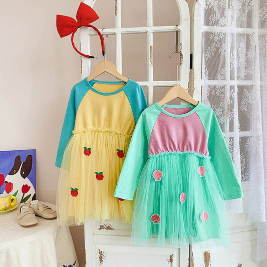 MyKids-USA® Baby Kids Girls Long Sleeves Color Patchwork Tulle Patchwork Dress