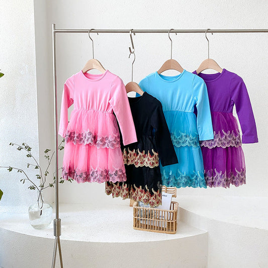 MyKids-USA® Baby Kids Girls Long Sleeves Embroidery Tulle Patchwork Dress