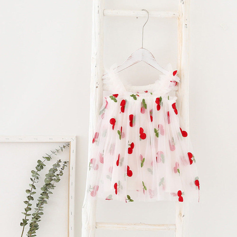 MyKids-USA® Summer Baby Kids Girls Sleeveless Floral and Fruits Pattern Tulle Strap Dress