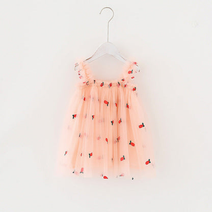 MyKids-USA® Summer Baby Kids Girls Sleeveless Floral and Fruits Pattern Tulle Strap Dress
