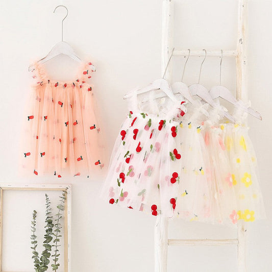 MyKids-USA® Baby Kids Girls Sleeveless Floral and Fruits Pattern Tulle Strap Dress