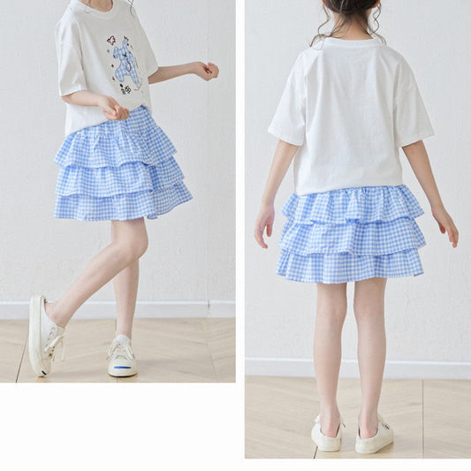 MyKids-USA® Baby Kids Girls Short Sleeves Cartoon Pattern T-shirt and Plaid Skirt Sets