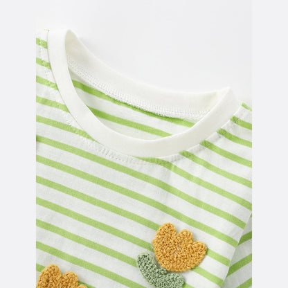MyKids-USA® Summer Girls’ Flowers Pattern Striped T-shirt in European and American Style