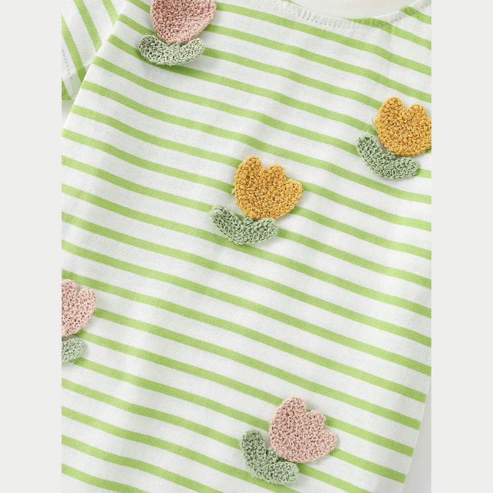 MyKids-USA® Summer Girls’ Flowers Pattern Striped T-shirt in European and American Style