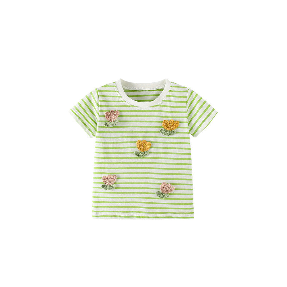 MyKids-USA® Summer Girls’ Flowers Pattern Striped T-shirt in European and American Style