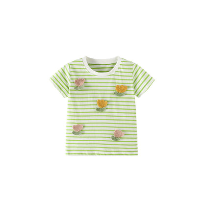 MyKids-USA® Summer Girls’ Flowers Pattern Striped T-shirt in European and American Style