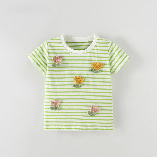 MyKids-USA® Girls’ Flowers Pattern Striped T-shirt in European and American Style