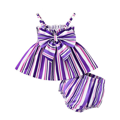 MyKids-USA® Design Summer Baby Kids Girls Sleeveless Striped Pattern Dress with Bloomers Set