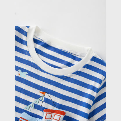 MyKids-USA® Summer Boys’ Cartoon Pattern Striped T-shirt in European and American Style