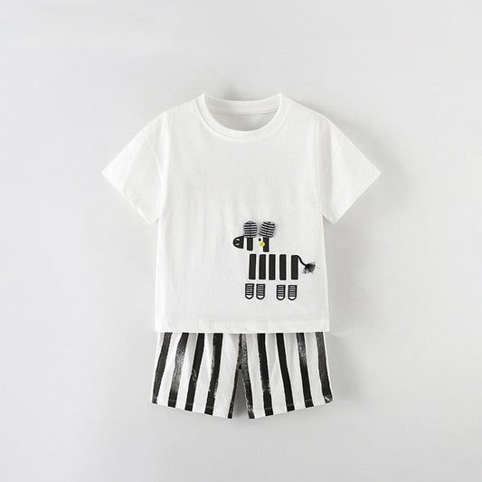 MyKids-USA® Baby Kids Boys Short Sleeves Cartoon Pattern T-shirt and Striped Shorts Clothing Set