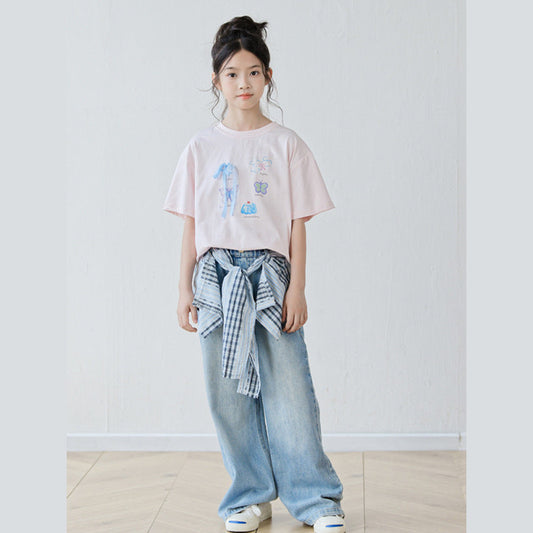 MyKids-USA® Girls’ Cartoon and Letters Pattern Casual T-shirt in European and American Style