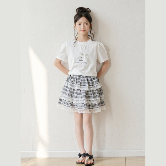 MyKids-USA® Baby Kids Girls Short Sleeves Letters Pattern T-shirt and Plaid Skirt