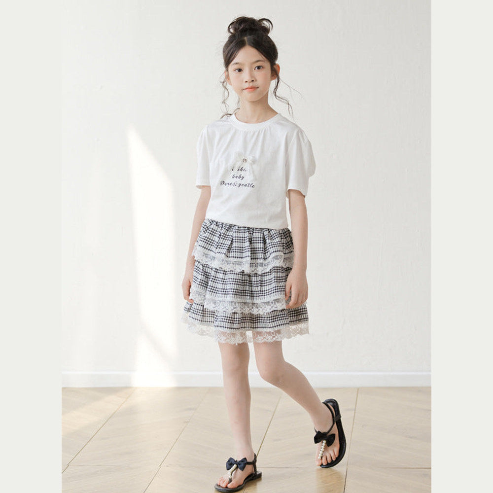 MyKids-USA® Arrival Summer Baby Kids Girls Short Sleeves Letters Pattern T-shirt and Plaid Skirt