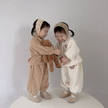 MyKids-USA® Winter Baby Kids Unisex Long Sleeves Casual Fluffy Teddy Bear Pattern Pullover and Pants Clothing Set