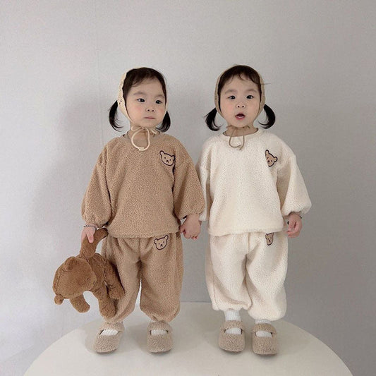 MyKids-USA® Baby Kids Unisex Long Sleeves Casual Fluffy Teddy Bear Pattern Pullover and Pants Clothing Set