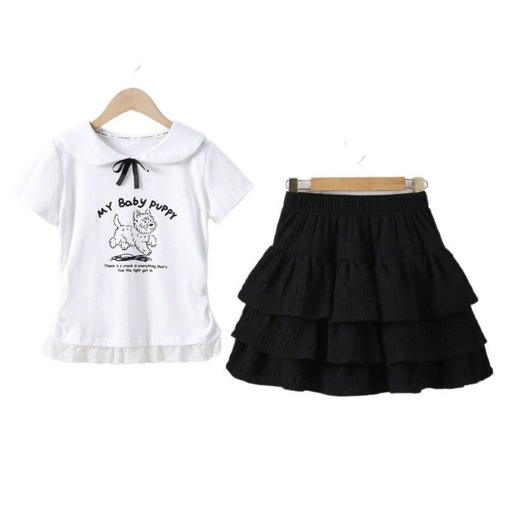 MyKids-USA® Arrival Summer Baby Kids Girls Short Sleeves Puppy Pattern T-Shirt and Black Skirt Sets
