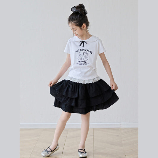 MyKids-USA® Baby Kids Girls Short Sleeves Puppy Pattern T-Shirt and Black Skirt Sets