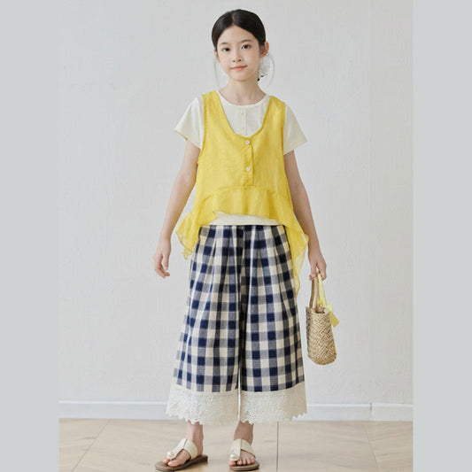 MyKids-USA® Baby Kids Girls Short Sleeves Color Patchwork T-shirt and Plaid Pants