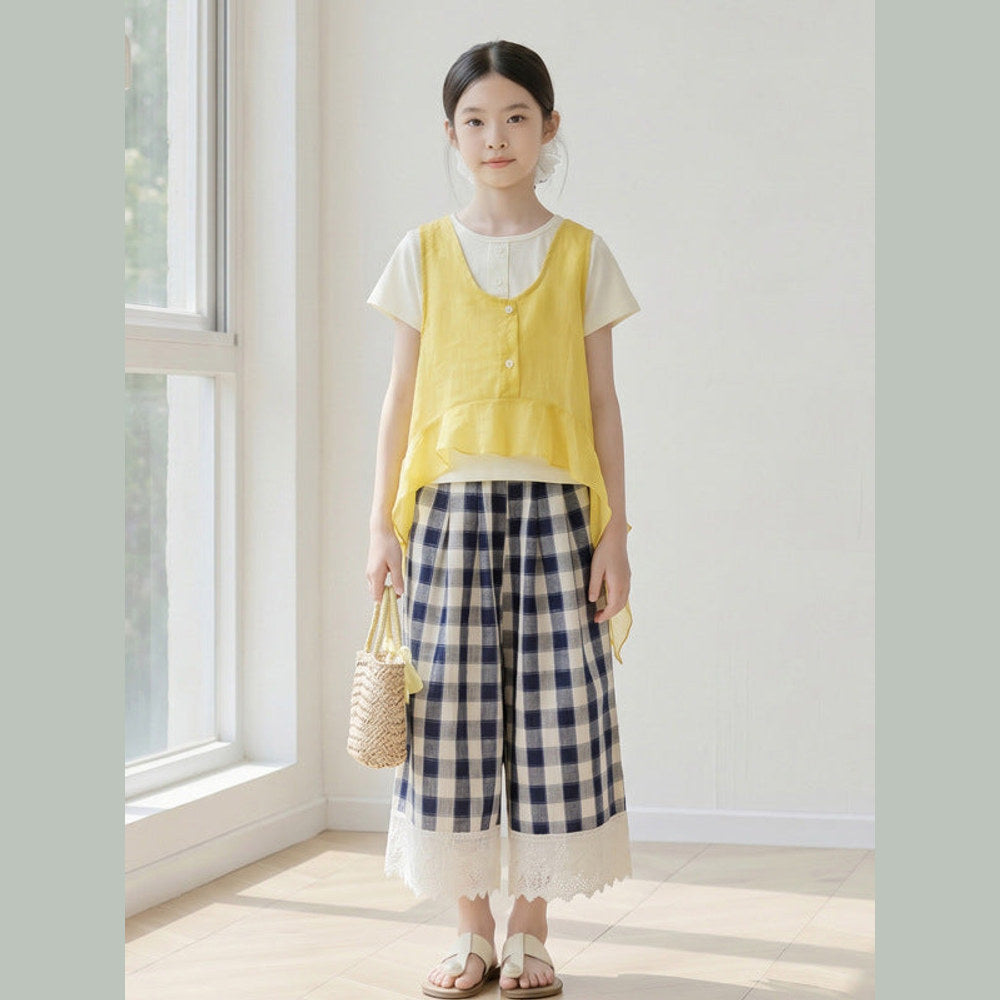 MyKids-USA® Arrival Summer Baby Kids Girls Short Sleeves Color Patchwork T-shirt and Plaid Pants