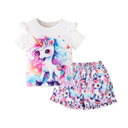 MyKids-USA® Baby Kids Girls Short Sleeves Stars and Unicorn Pattern T-shirt and Shorts Clothing Set
