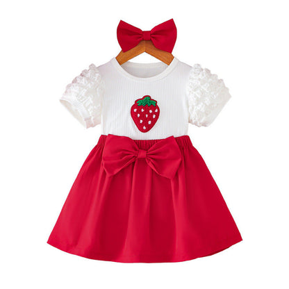 MyKids-USA® Summer Baby Kids Girls Short Sleeves Strawberry Pattern Top and Red Skirt Set