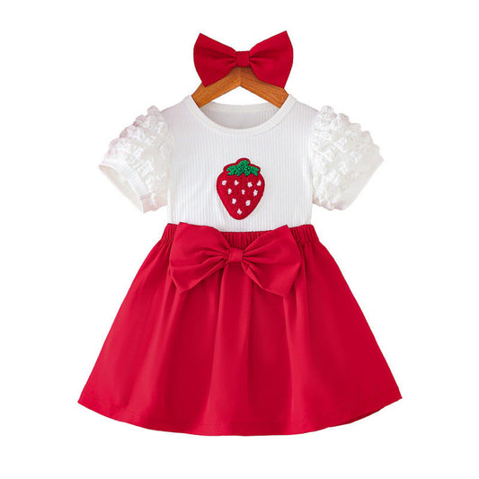MyKids-USA® Baby Kids Girls Short Sleeves Strawberry Pattern Top and Red Skirt Set