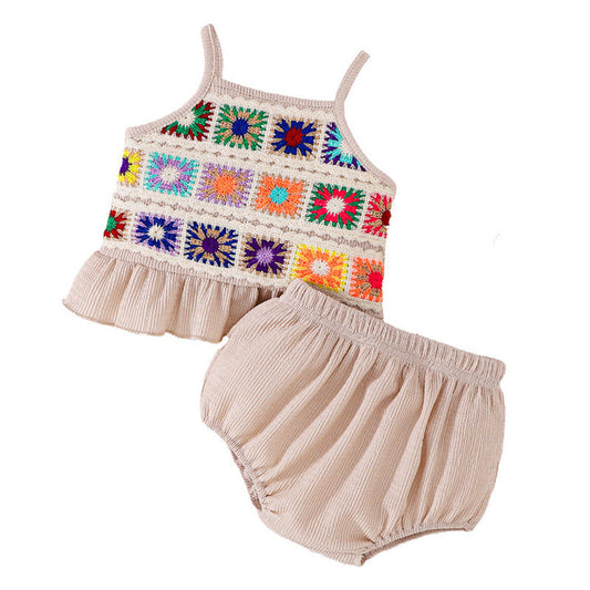 MyKids-USA® Baby Kids Girls Sleeveless Embroidered Pattern Vest and Shorts Set