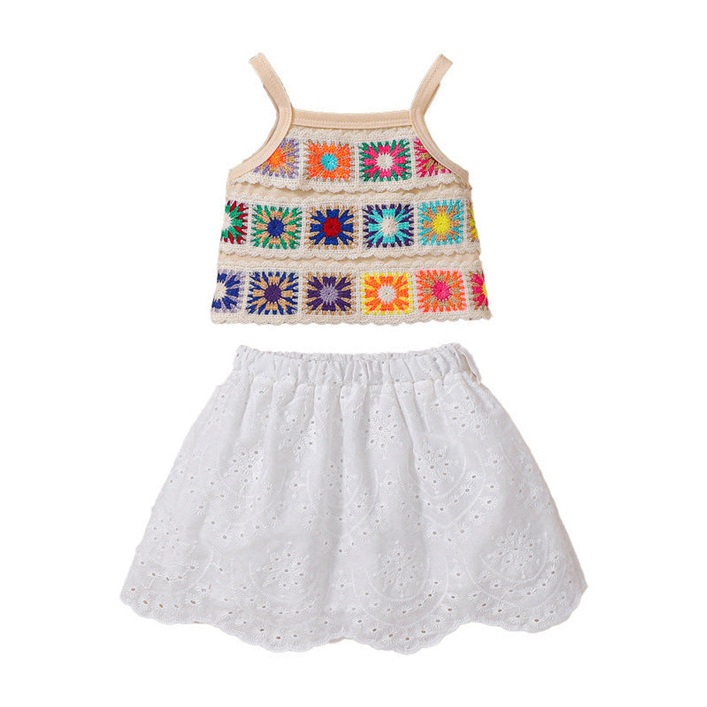 MyKids-USA® Summer Baby Kids Girls Sleeveless Embroidered Pattern Vest and White Skirt Set